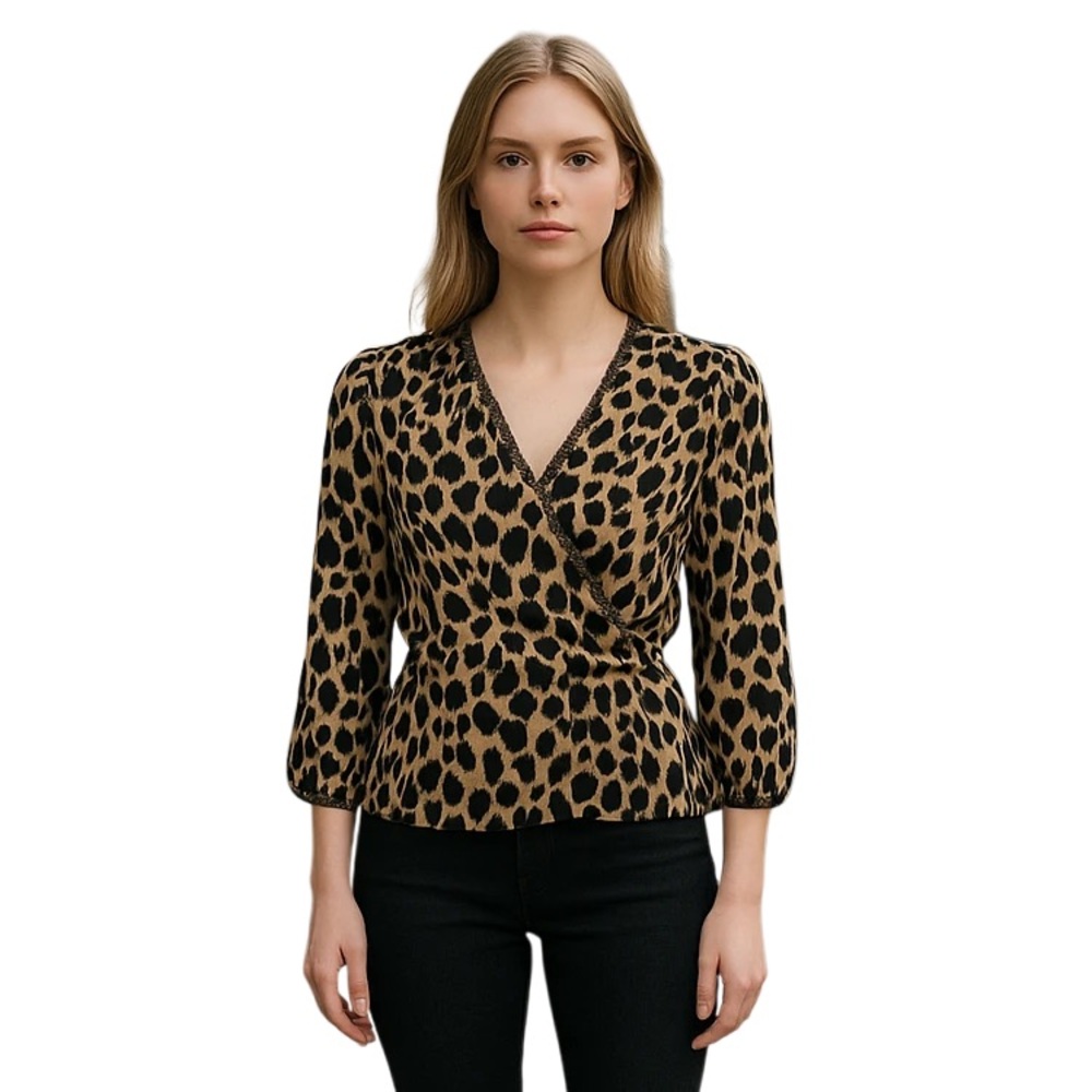Ava & Aiden Womens Animal Print Leopard V-Neck Blouse Black Beige 3/4 Sleeves S
